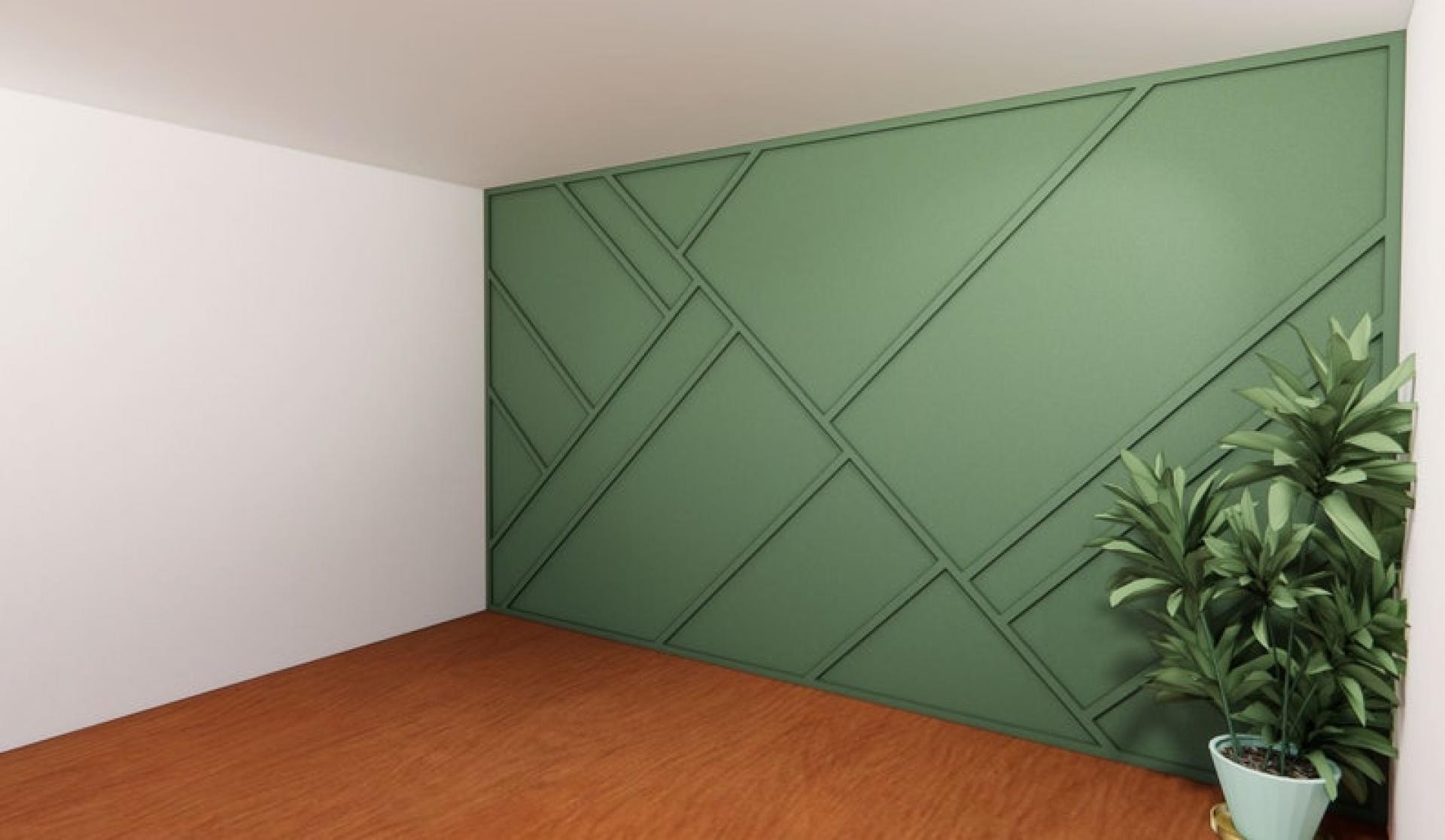 Poliüretan P851350 duvar çıtası ile yapılan yeşil renkli geometrik desenli modern duvar dekorasyonu uygulaması.