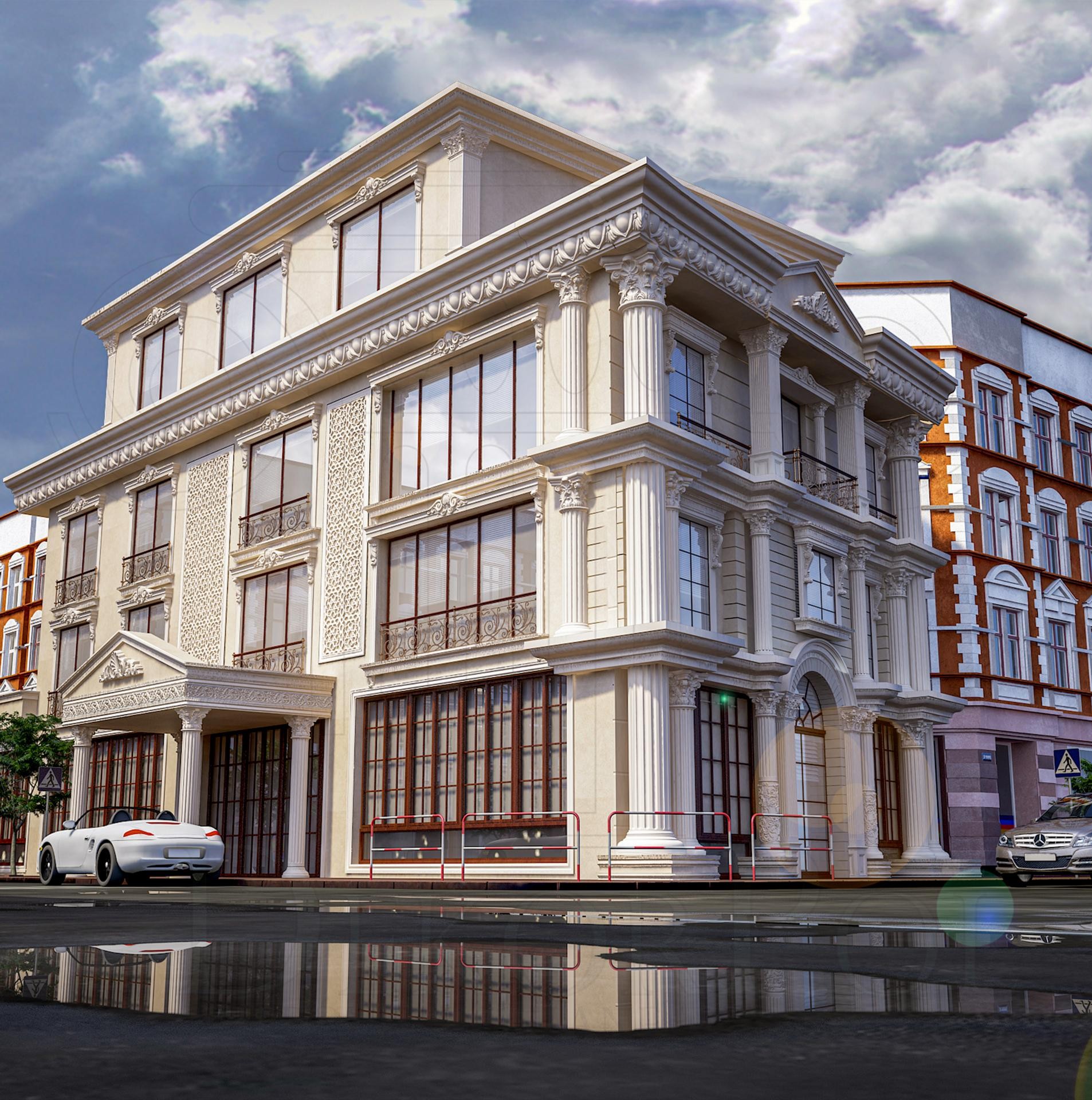 Poliüretan pilaster sütunlar, dekoratif pencere söveleri ve taçlar ile kaplanmış klasik tarzda çok katlı bina dış cephesi.