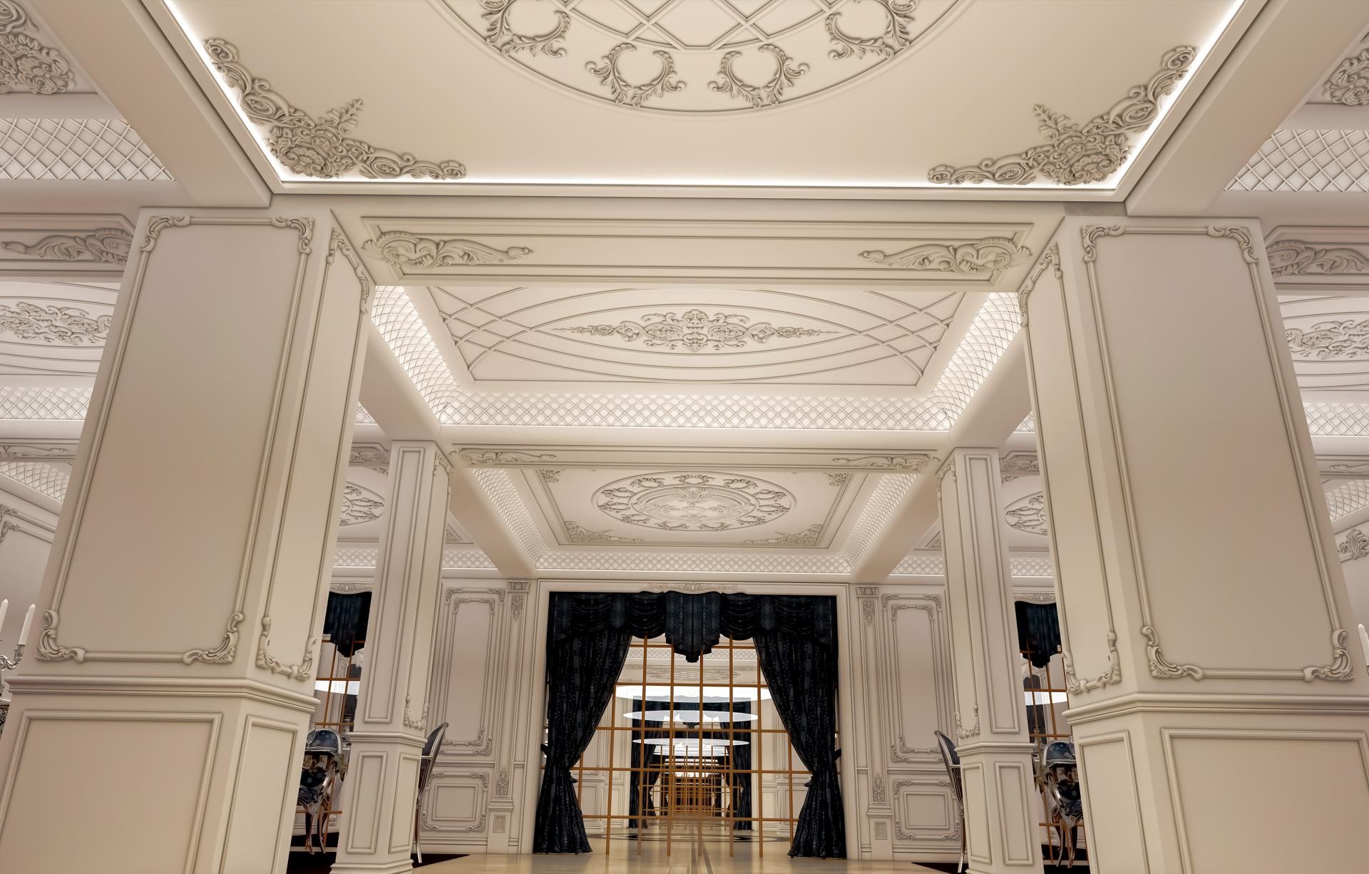 Klasik tarzda dekore edilmiş geniş salonda poliüretan pilaster sütunlar ve desenli tavan göbeği uygulaması.