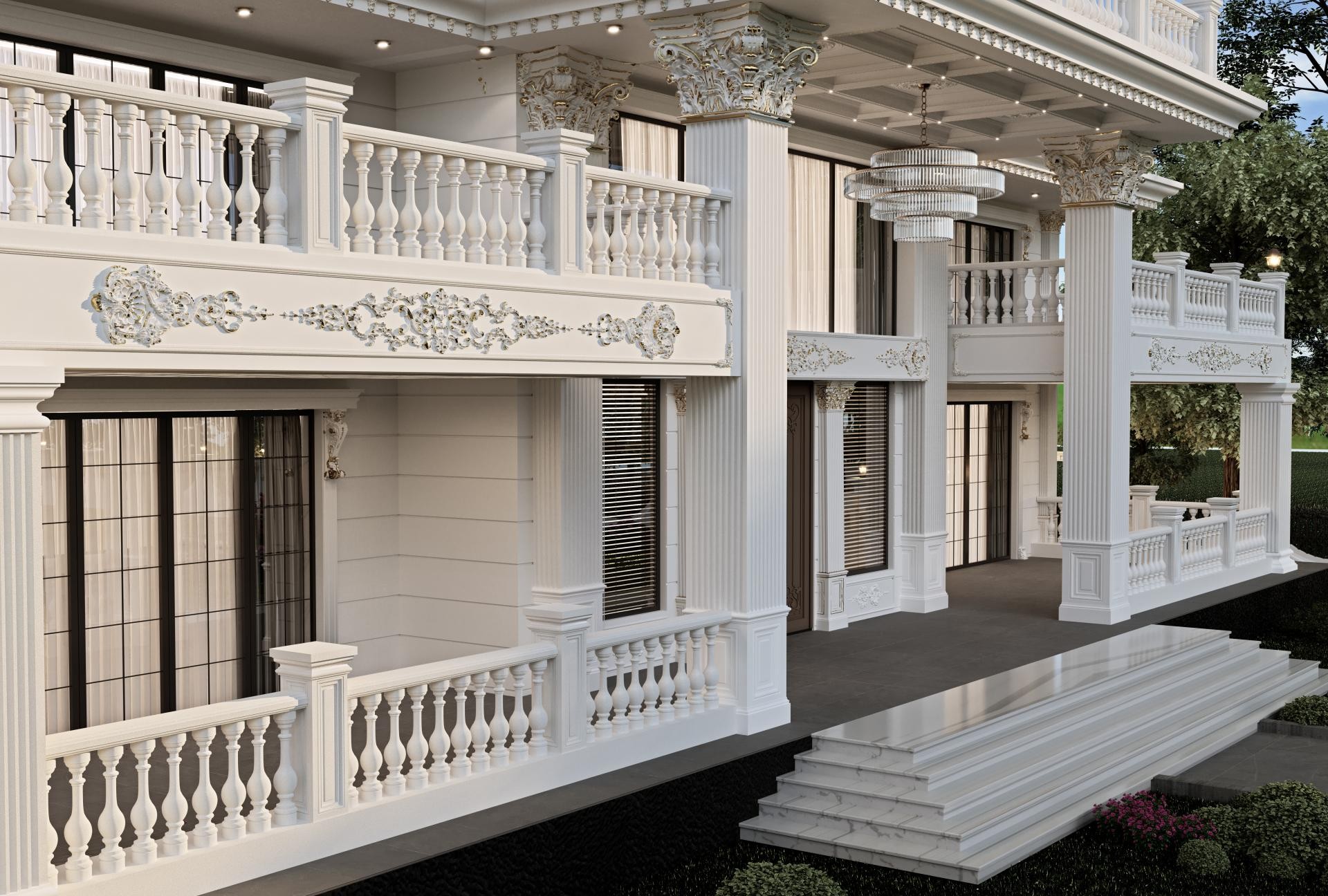 Poliüretan pilaster sütunlar, söveler ve payandalarla süslenmiş klasik tarzda beyaz villa dış cephesi.