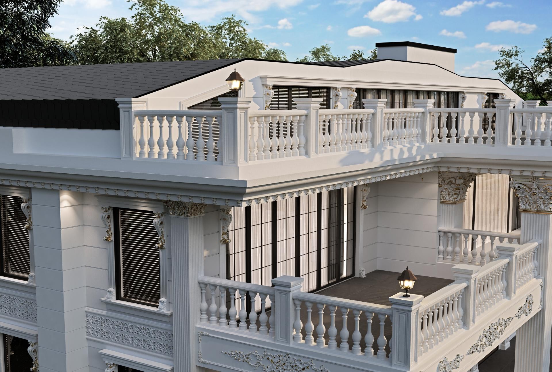 Beyaz poliüretan küpeşte, badastrol korkuluklar ve yivli pilaster sütunlarla süslenmiş klasik villa dış cephesi.