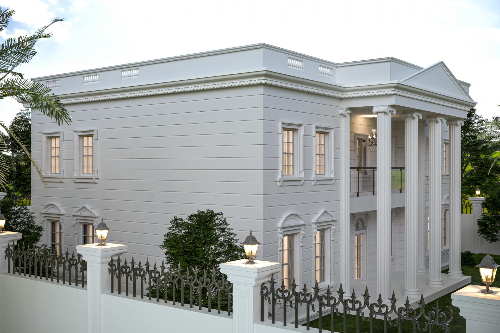 Beyaz poliüretan sütunlar, pencere söveleri ve klasik korkuluklarla dekore edilmiş iki katlı villa dış cephesi.