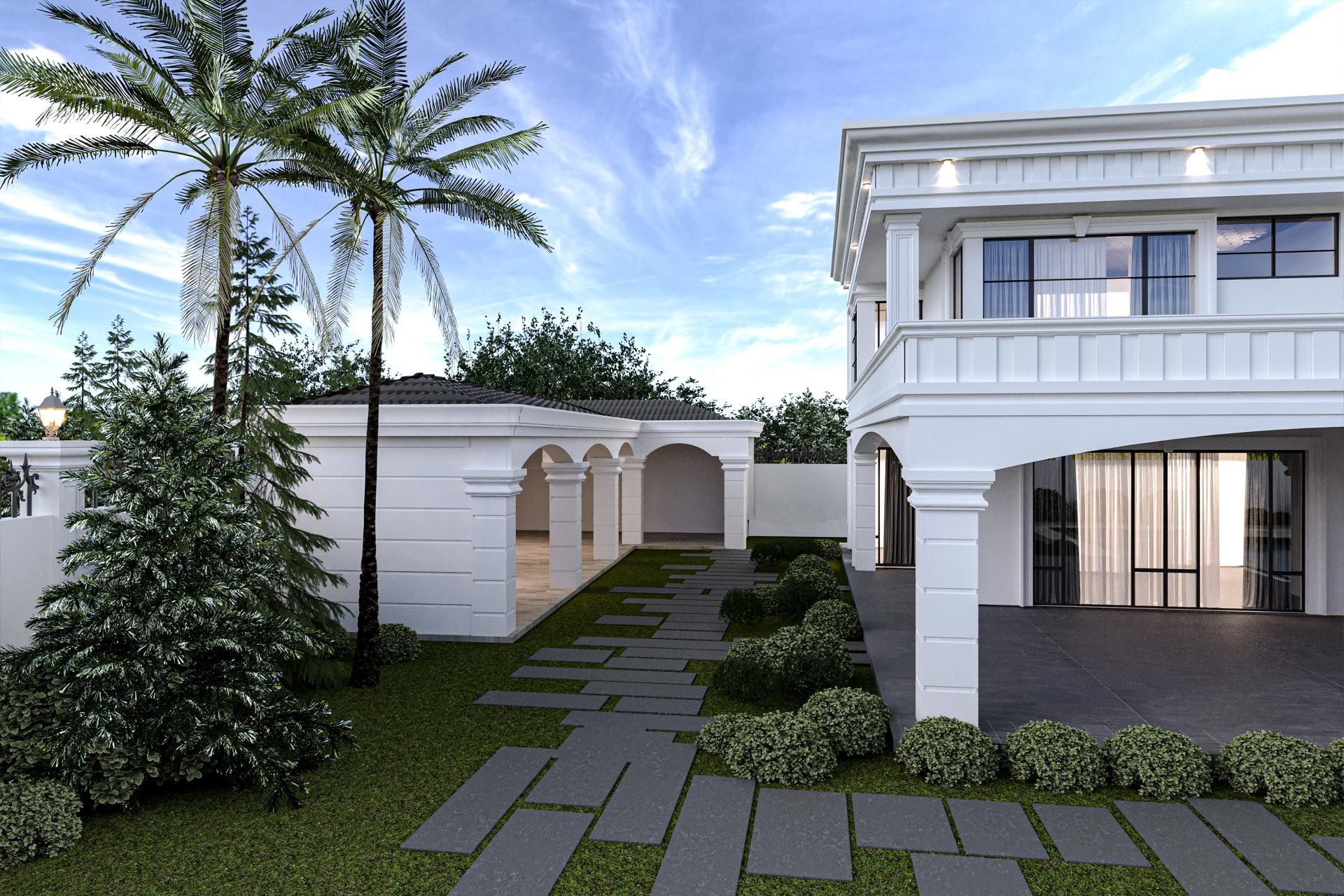 Poliüretan pilaster sütun ve söve kaplamalı beyaz klasik villa dış cephesi ve taş patika yolu.
