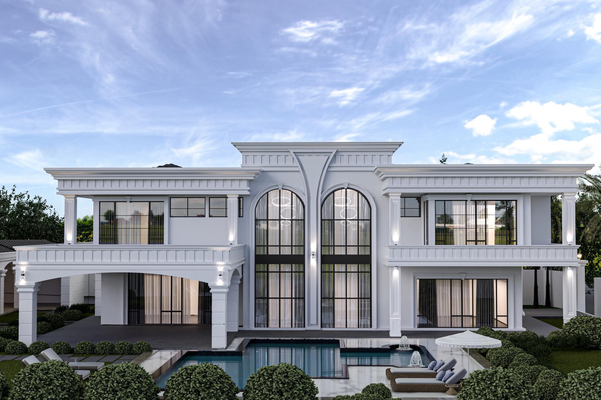 Poliüretan söve ve pilaster sütun kaplamalı, havuzlu klasik iki katlı beyaz villa dış cephe tasarımı.