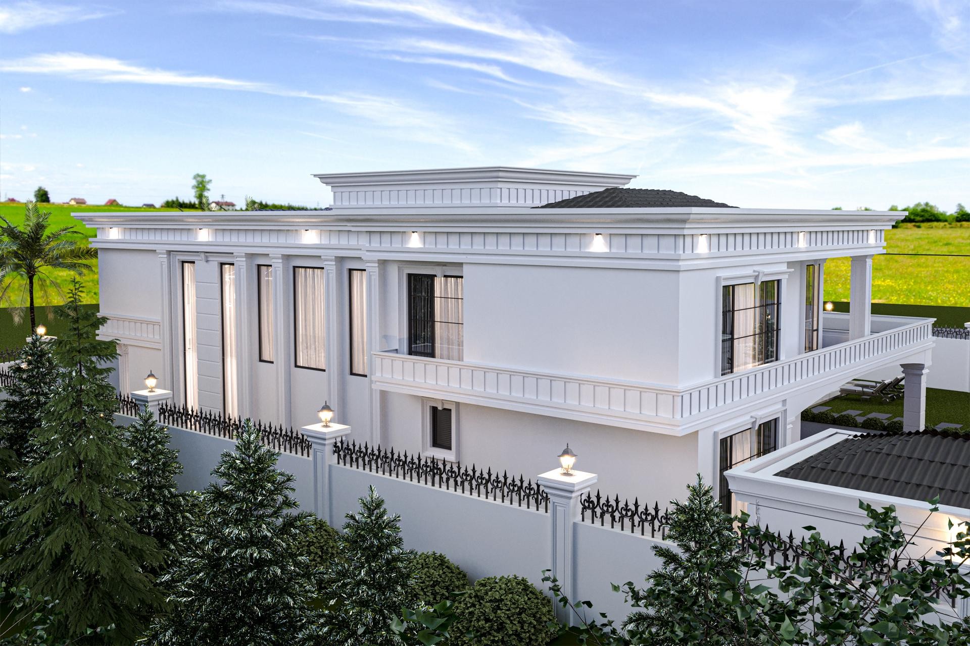 Beyaz poliüretan pilaster sütunlar, söve ve panellerle kaplanmış klasik tarzda lüks iki katlı villa dış cephesi.