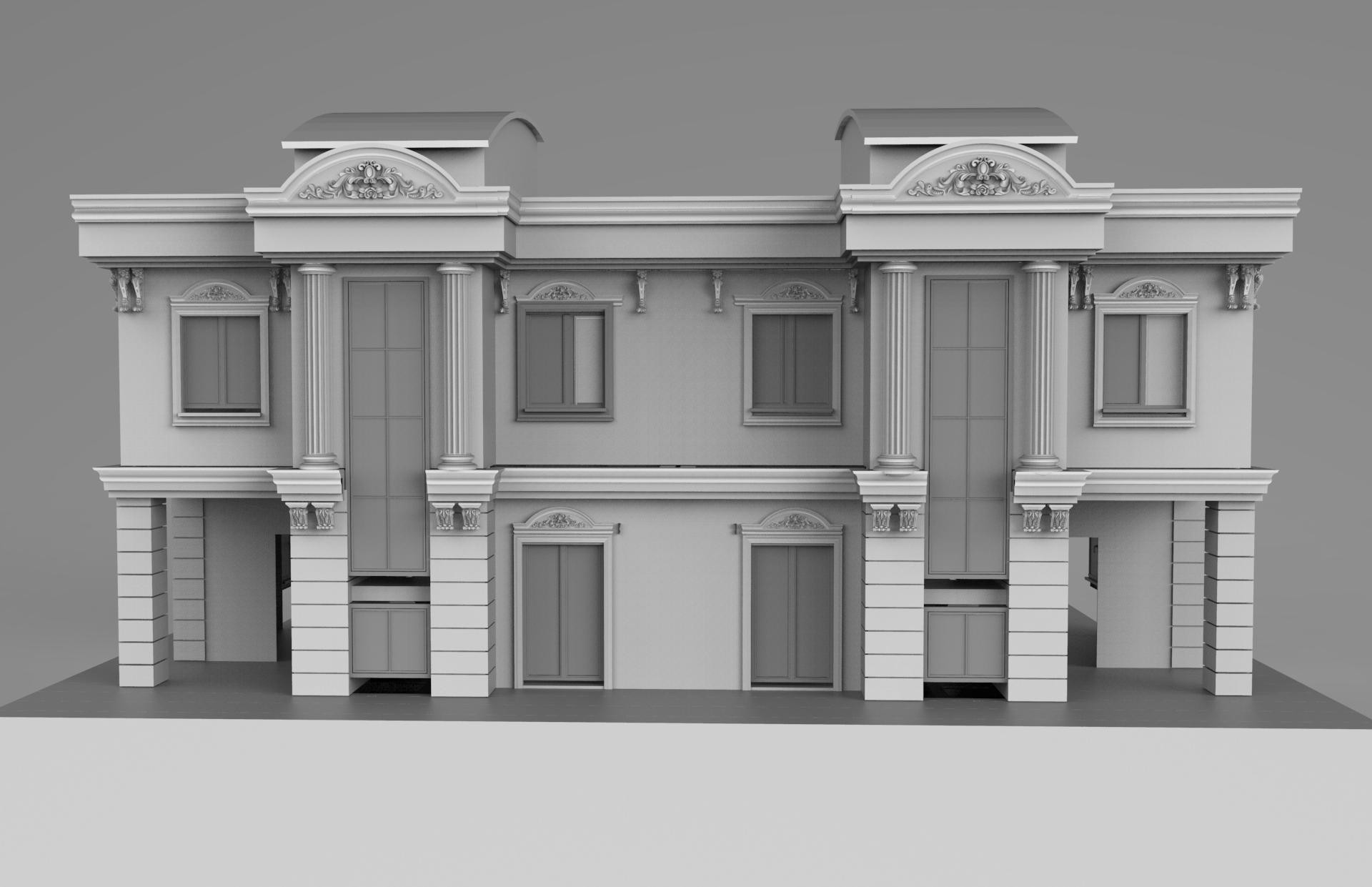 Klasik villa dış cephesinde kullanılan poliüretan sütun, pencere sövesi, dekoratif taç ve payanda modellerinin 3D tasarımı.