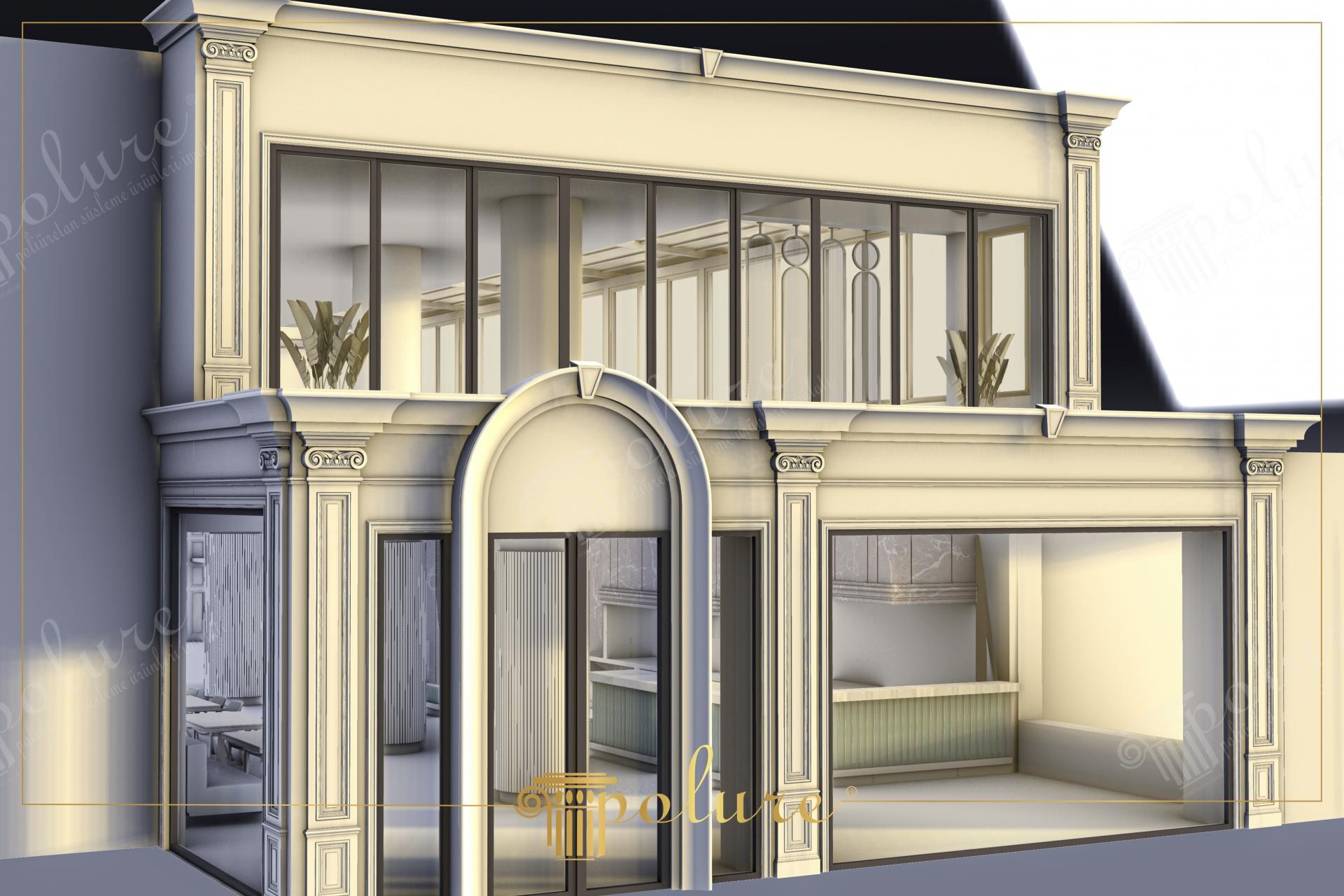 Poliüretan pilaster sütunlar ve pencere söveleriyle kaplanmış krem renkli modern işyeri dış cephe tasarımı.