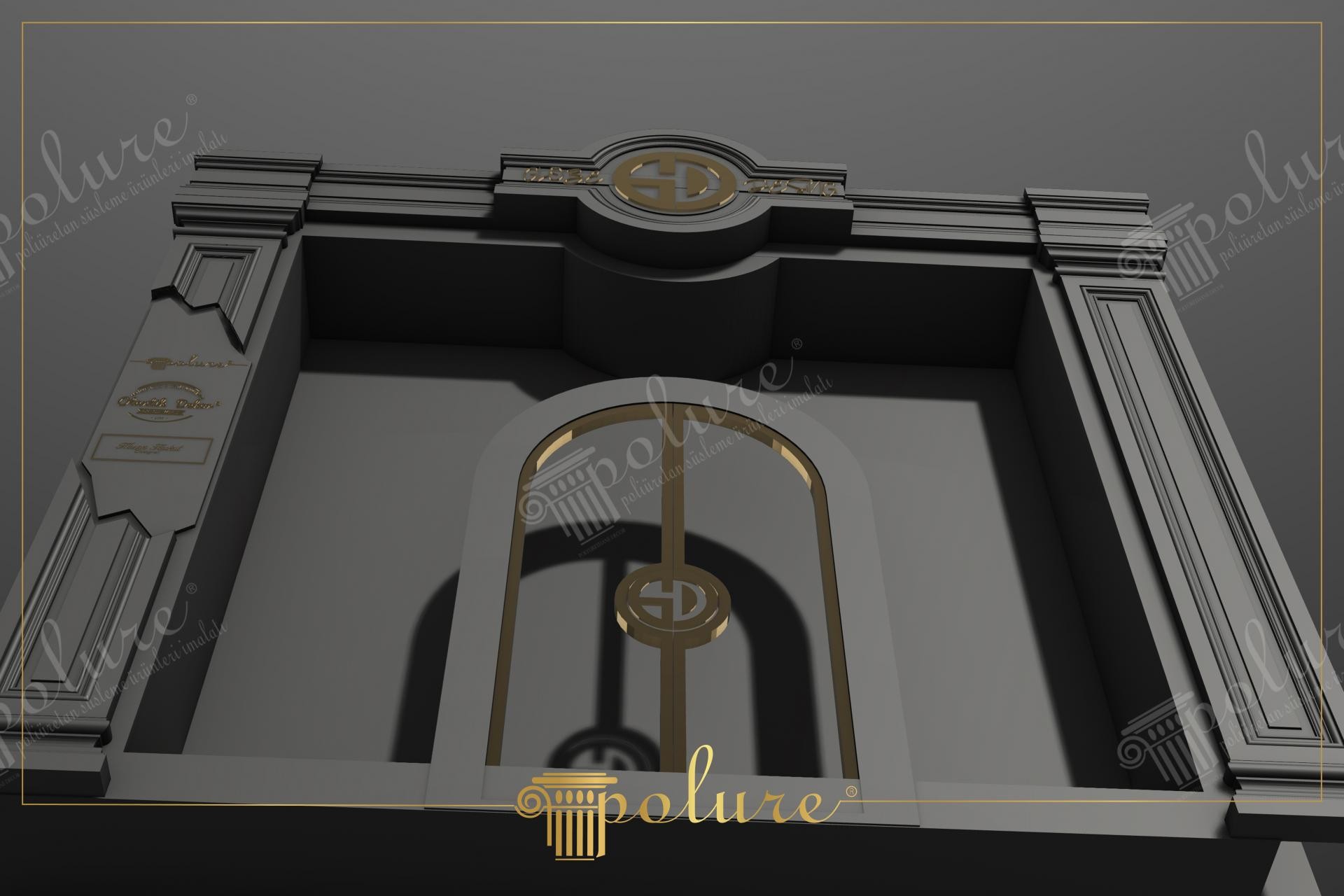 Koyu gri poliüretan sütunlar ve altın sarısı logo detaylı kemerli butik otel giriş kapısı tasarımı.