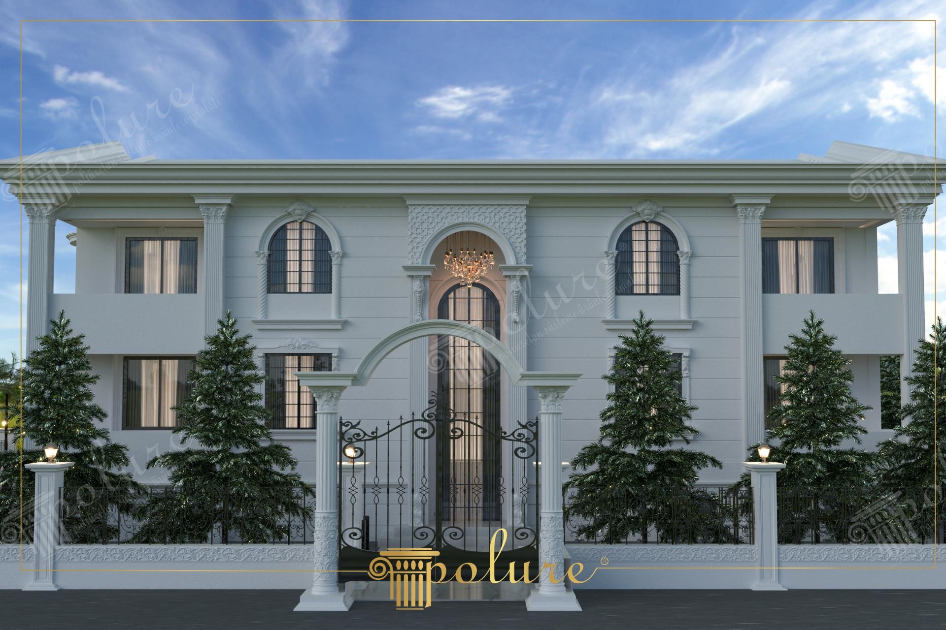 Poliüretan sütun ve söve modelleriyle süslenmiş beyaz klasik villa dış cephesi ve bahçe giriş kapısı.