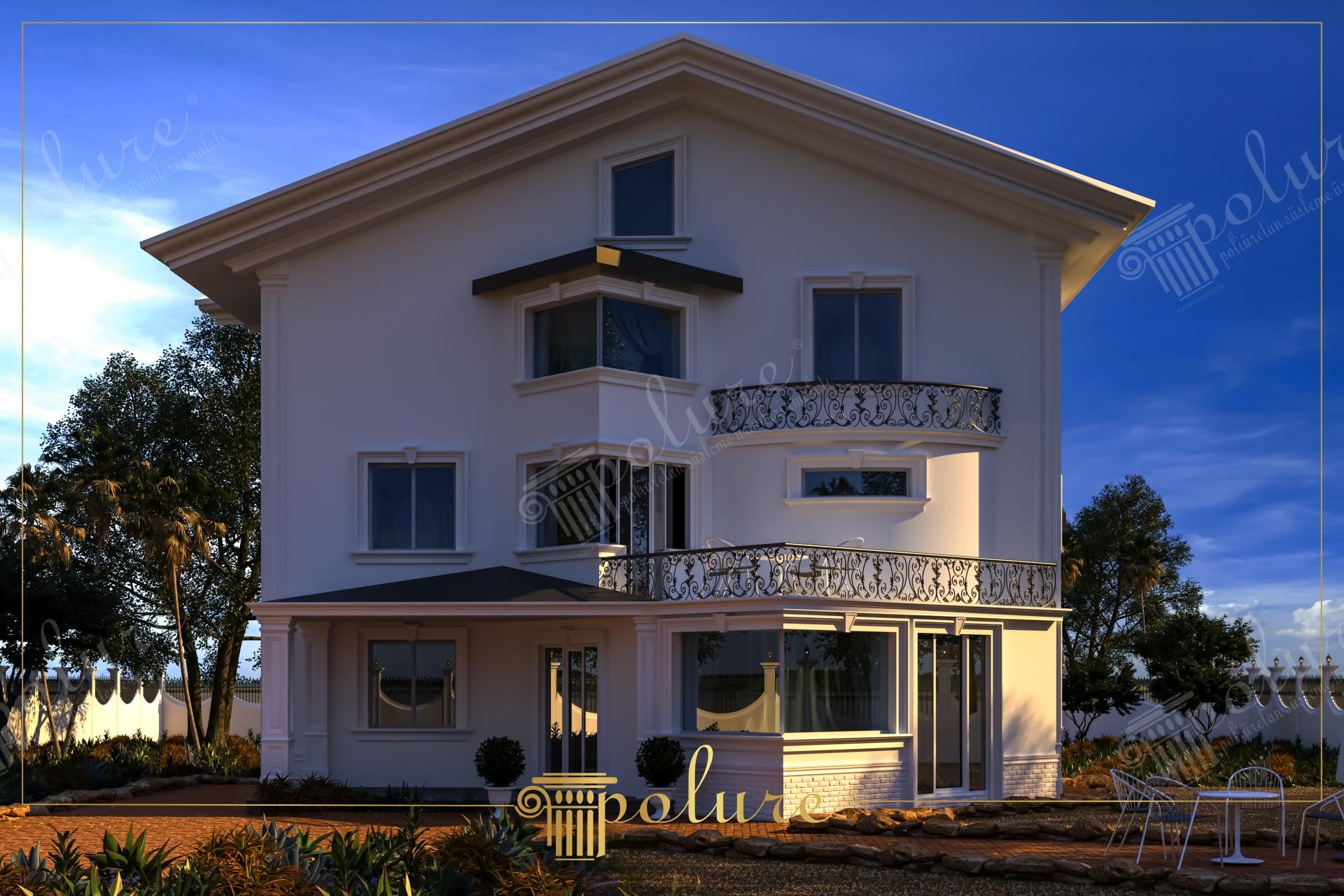 Poliüretan söve ve kat silmesi uygulaması yapılmış modern, üç katlı beyaz villa dış cephe tasarımı.