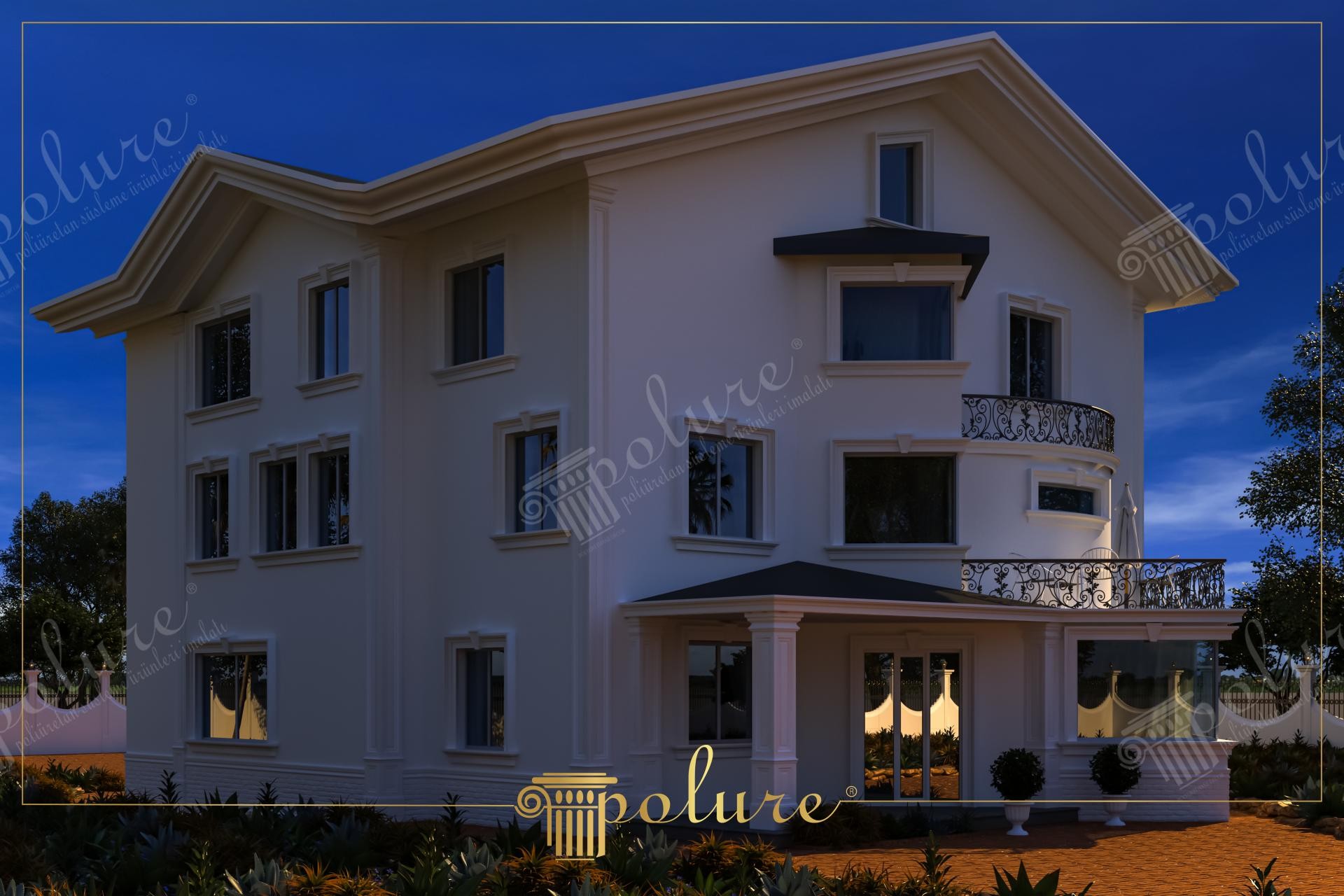 Poliüretan söve ve sütun kaplama modelleri ile dekore edilmiş beyaz modern üç katlı villa dış cephe tasarımı.