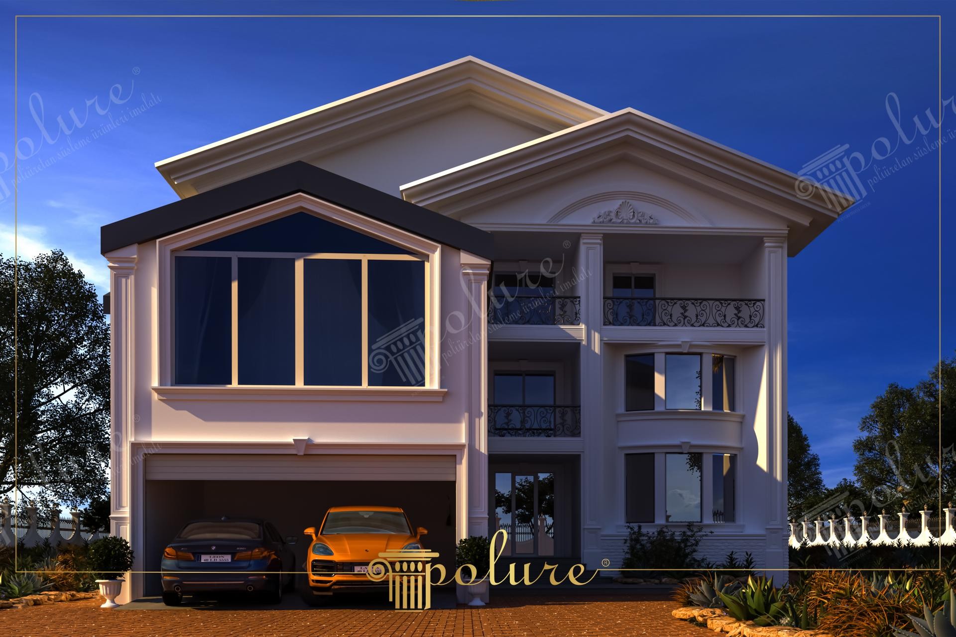 Poliüretan sütun ve söve kaplamalı, geniş garajlı ve modern pencereli lüks iki katlı villa dış cephe tasarımı.