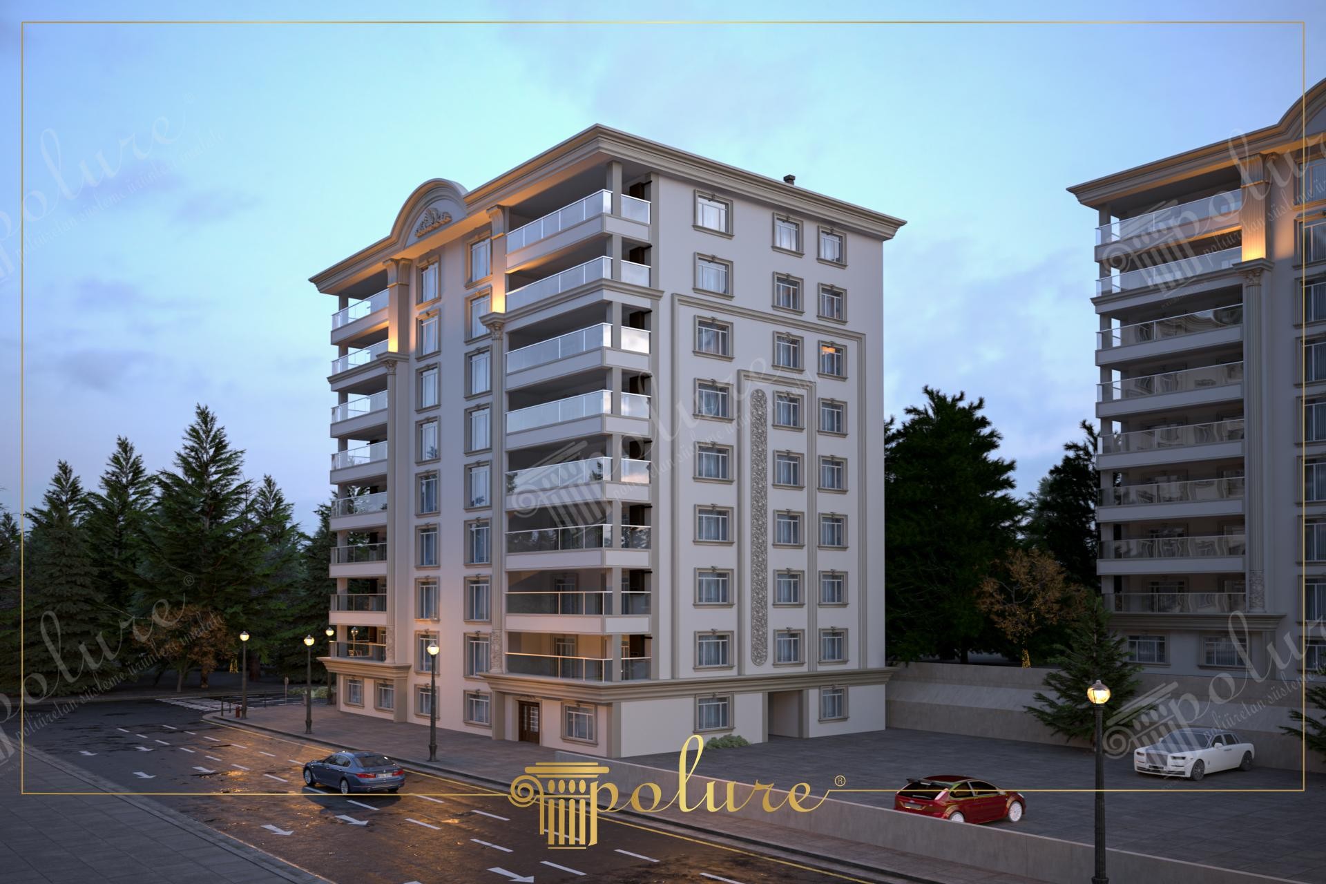 Akşam ışıkları altında poliüretan söve, pilaster sütun ve dekoratif dış cephe panelleriyle süslenmiş çok katlı bina tasarımı.