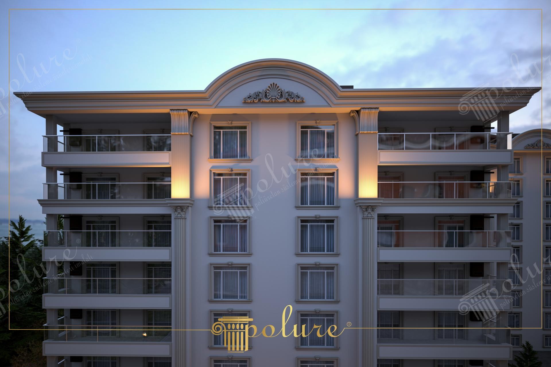 Klasik tarzda poliüretan pilaster sütunlar ve alınlık süslemesiyle dekore edilmiş çok katlı bina dış cephesi.