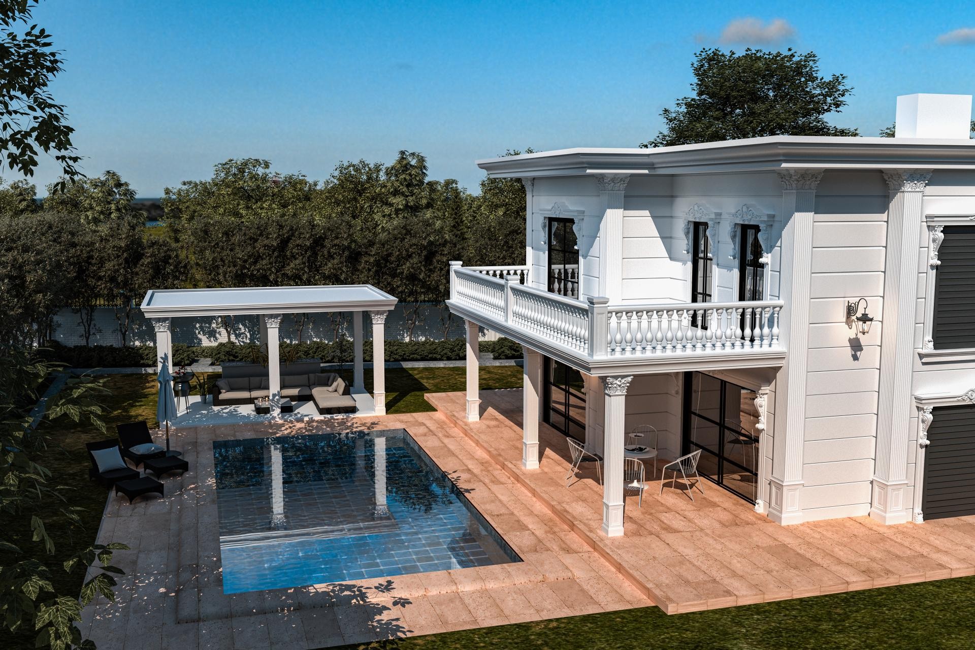 Poliüretan dış cephe kaplama, sütun ve korkuluk modelleriyle tasarlanmış beyaz havuzlu klasik villa.