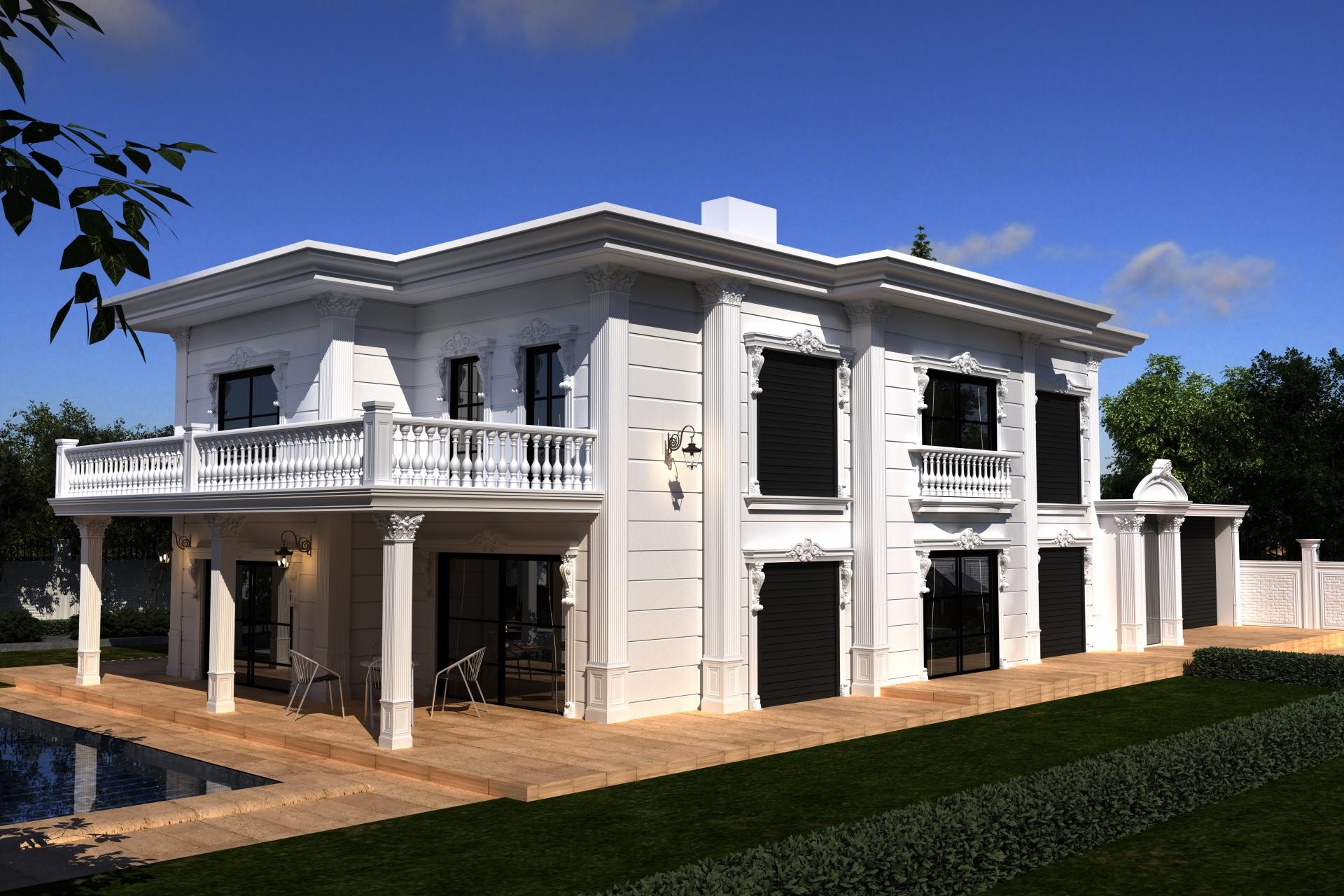 Poliüretan sütunlar, balkon korkulukları ve pencere söveleri ile kaplanmış beyaz iki katlı klasik villa dış cephesi.