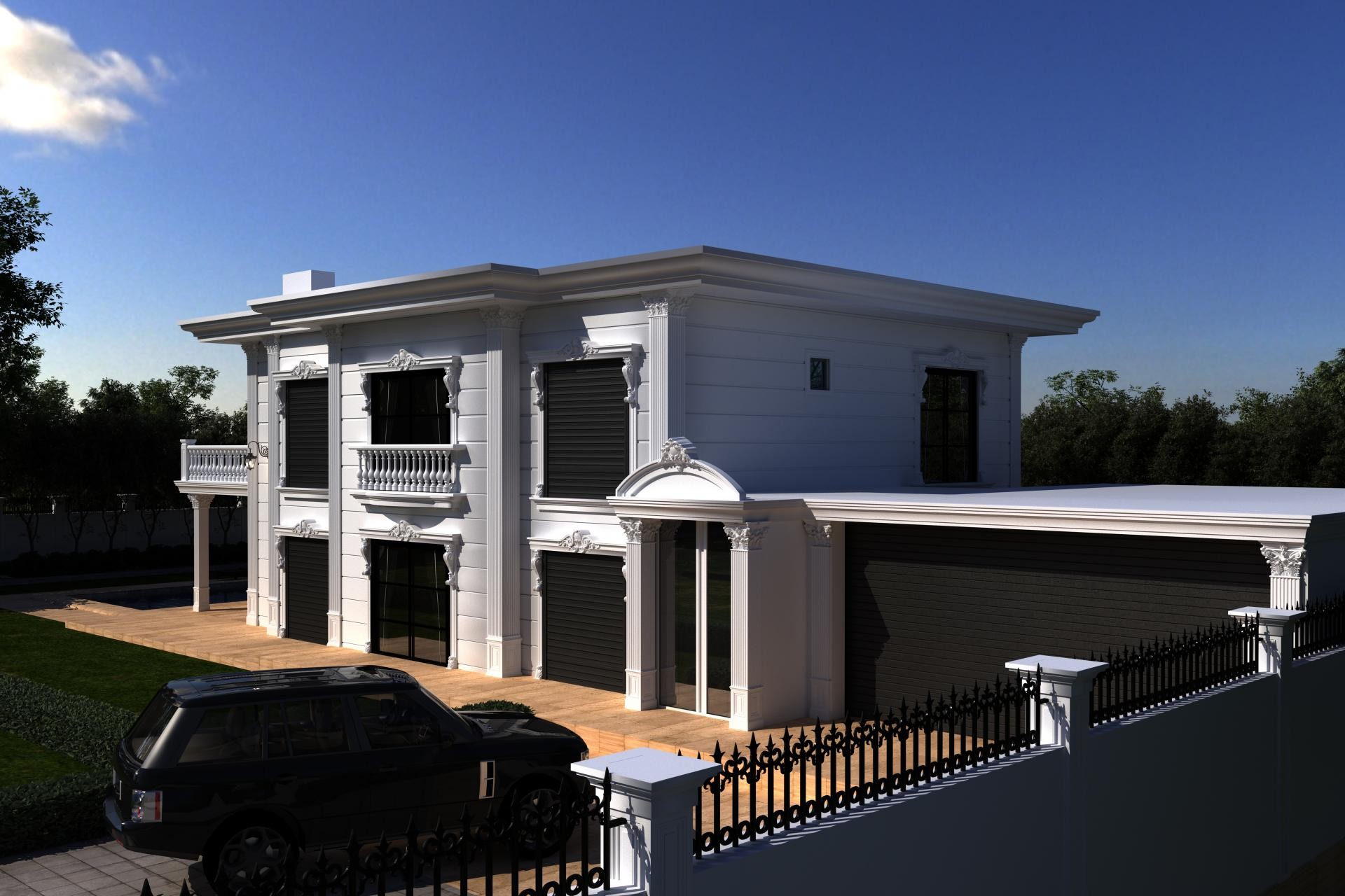 Poliüretan söve, pilaster sütun ve kat silmesi kaplamalı beyaz klasik iki katlı villa dış cephe tasarımı.