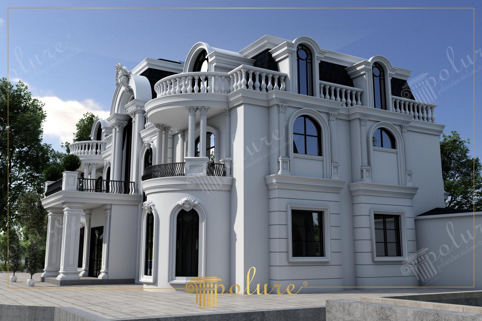 Beyaz renkli klasik poliüretan dış cephe süslemeleri, kemerli pencere söveleri ve sütun kaplamaları olan lüks villa.