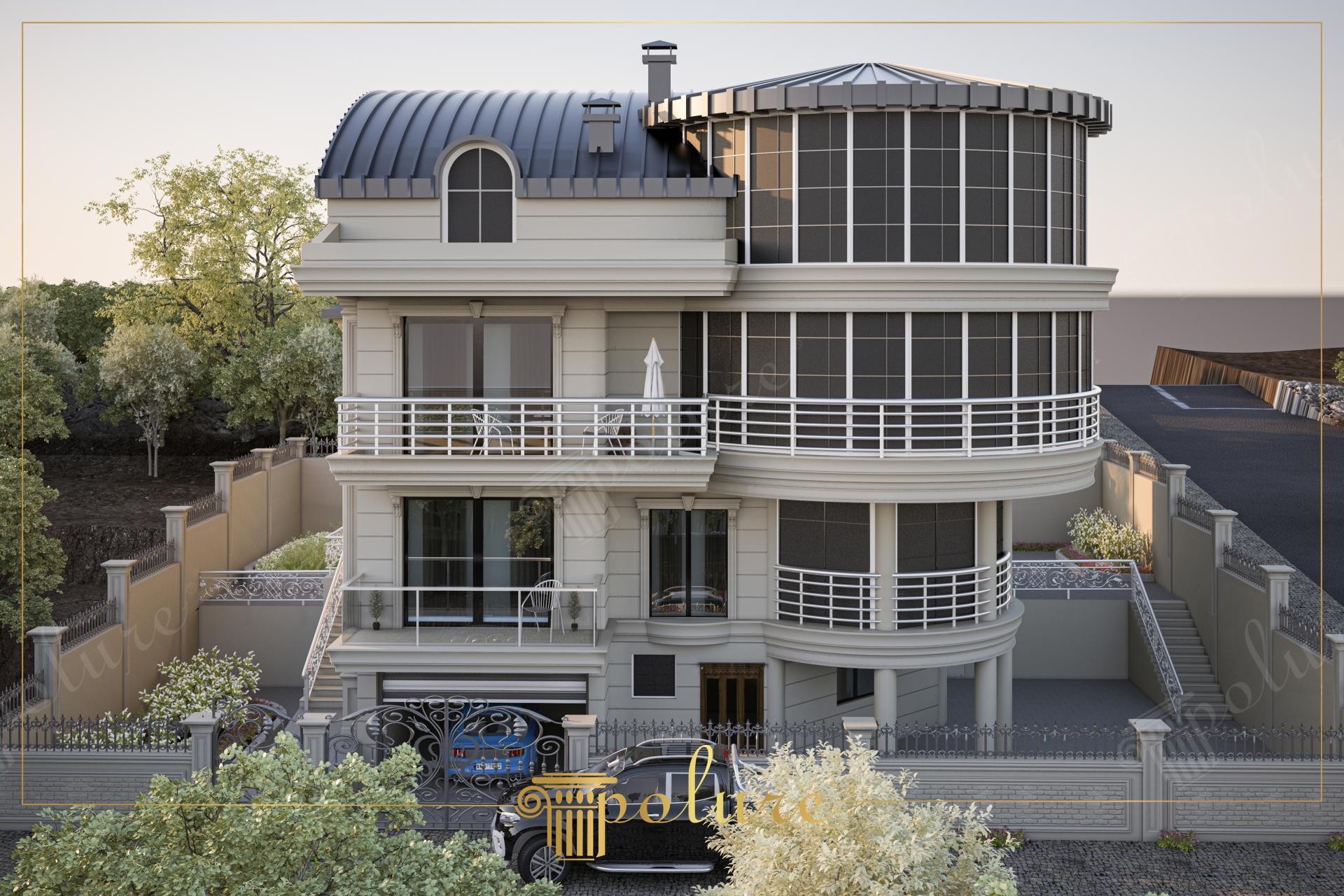 Poliüretan söve ve kat silmesi kaplamalı, dairesel cam kule detaylı modern üç katlı villa dış cephe tasarımı.