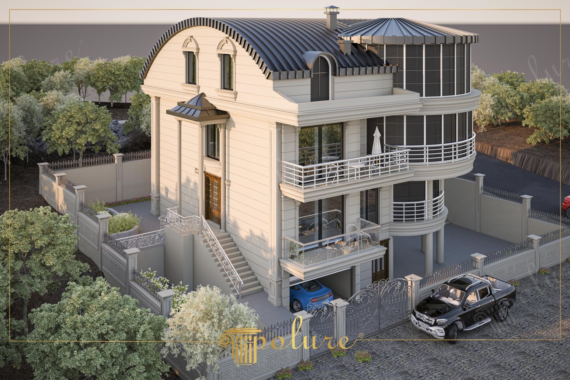 Poliüretan dış cephe kaplama, pencere sövesi ve sütun modelleri ile tasarlanmış modern villa dış cephesi.