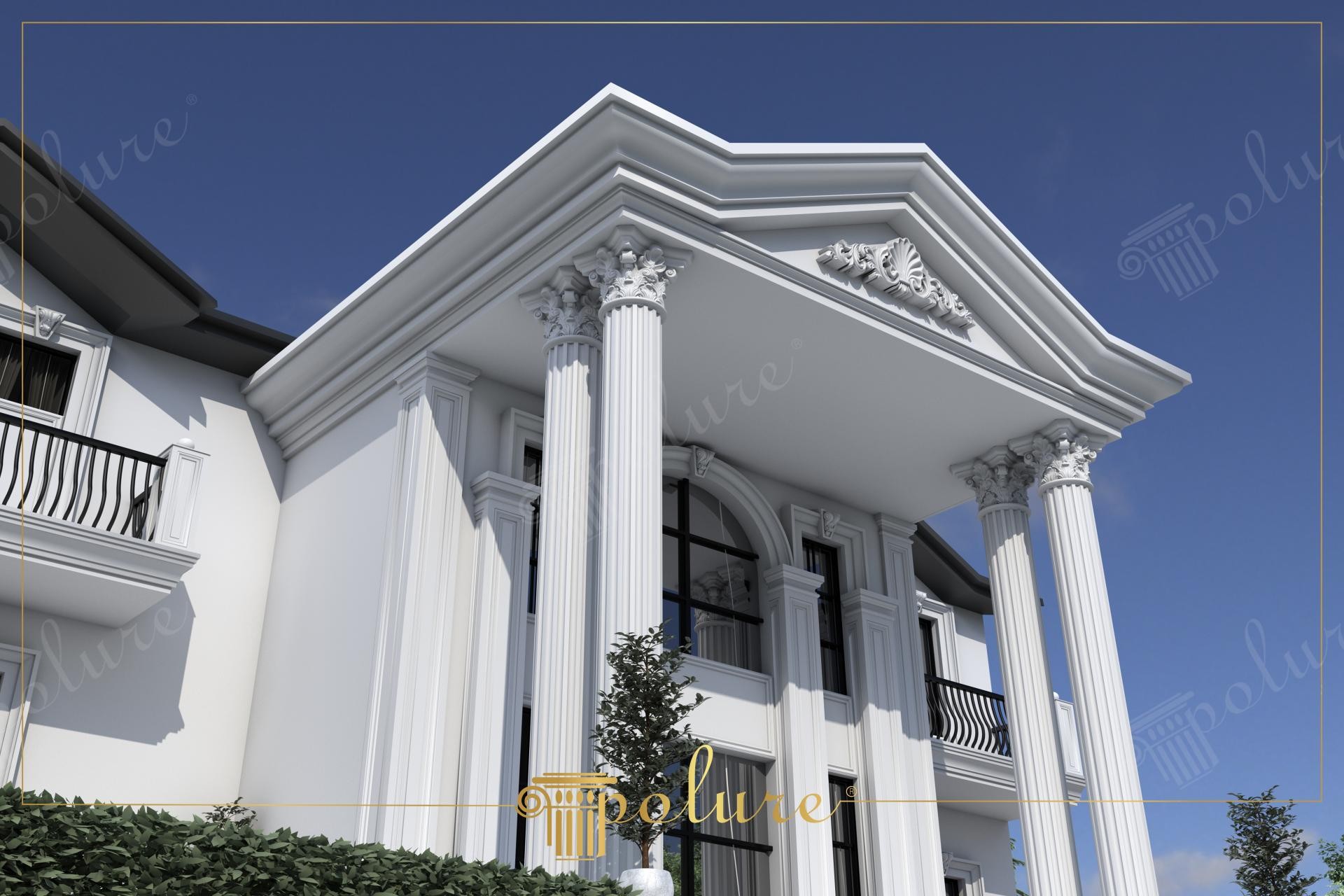 Poliüretan yivli sütunlar, korint başlıklar ve üçgen alınlık süslemesi içeren beyaz villa dış cephe dekorasyonu.