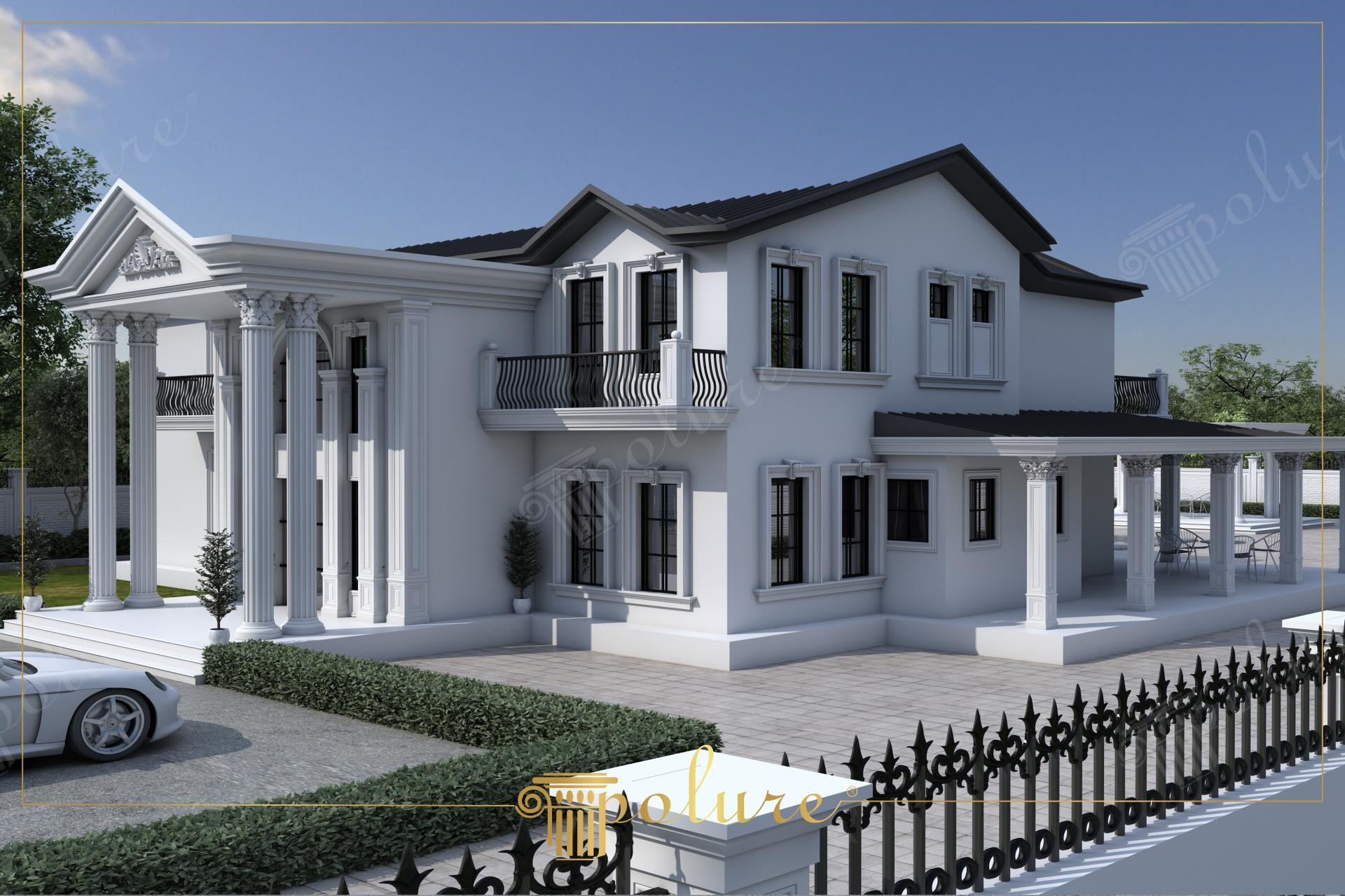 Poliüretan sütun ve söve kaplamaları ile dekore edilmiş iki katlı klasik beyaz villa dış cephe tasarımı.