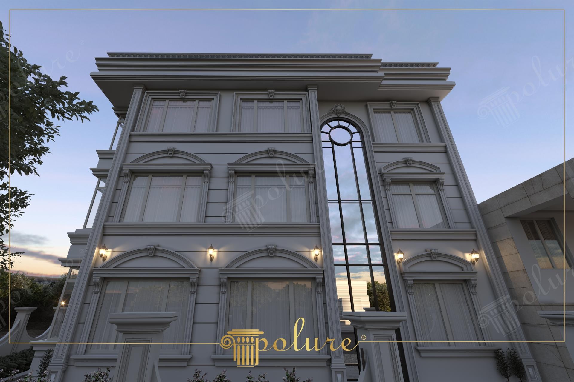Poliüretan dış cephe söve, yuvarlak kavis kemer ve pilaster sütun uygulaması yapılan modern bina cephesi.