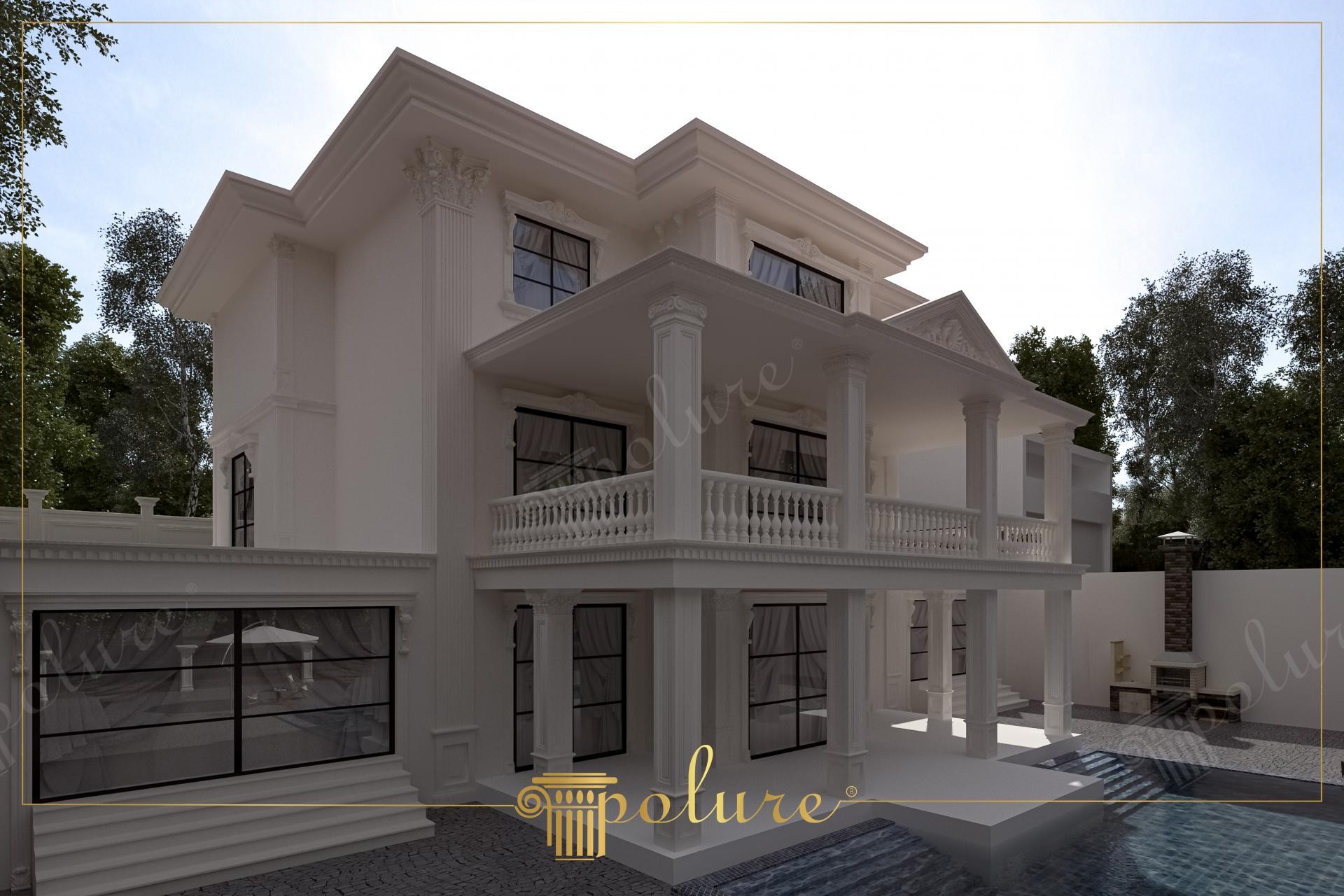 Beyaz poliüretan sütunlar, pencere söveleri ve balkon korkulukları ile süslenmiş klasik villa dış cephe tasarımı.