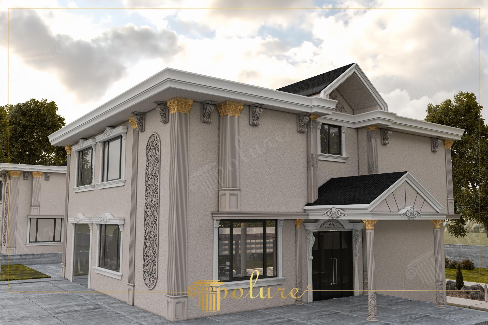 Poliüretan pilaster sütunlar, payandalar ve pencere söveleriyle dekore edilmiş iki katlı klasik villa dış cephesi.