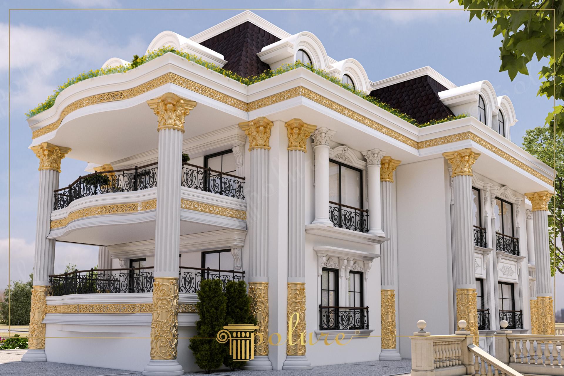 Poliüretan sütun, altın başlıklar, söve ve küpeşte detaylı klasik beyaz villa dış cephe süslemesi.