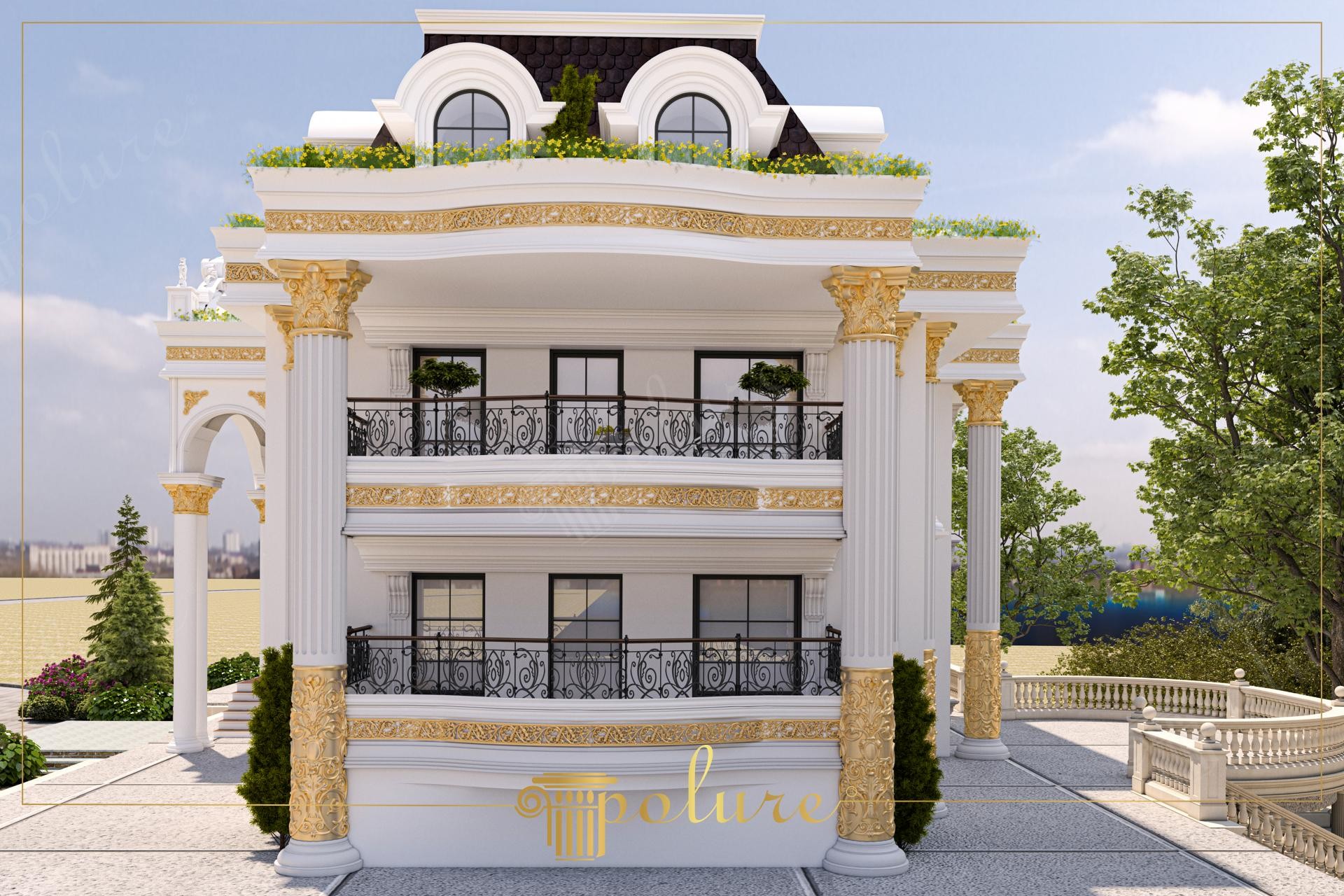 Altın varaklı poliüretan sütunlar ve pencerelerde dekoratif söve modelleri bulunan beyaz klasik villa dış cephesi.