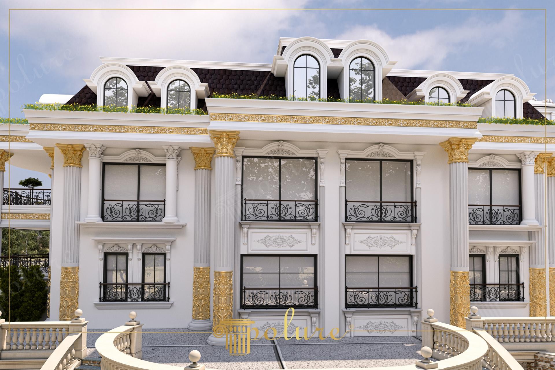 Altın detaylı beyaz poliüretan sütunlar, pencere söveleri ve klasik balkon küpeşteleri ile süslenmiş villa dış cephesi.