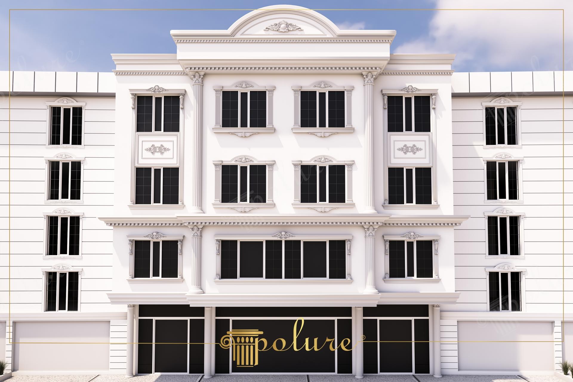 Beyaz poliüretan söve, pilaster sütun ve pencere taçları ile süslenmiş klasik bina dış cephe dekorasyonu.