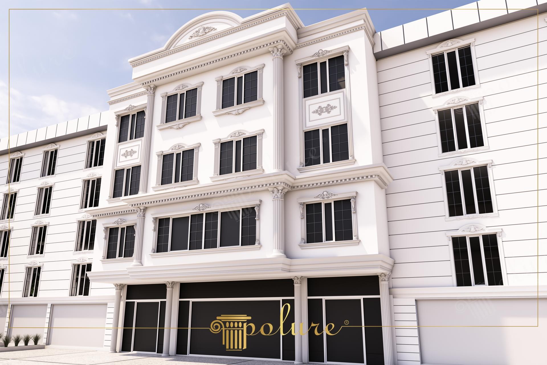 Beyaz poliüretan dış cephe kaplaması, klasik pencere söveleri, taç modelleri ve pilaster sütun süslemeleri.