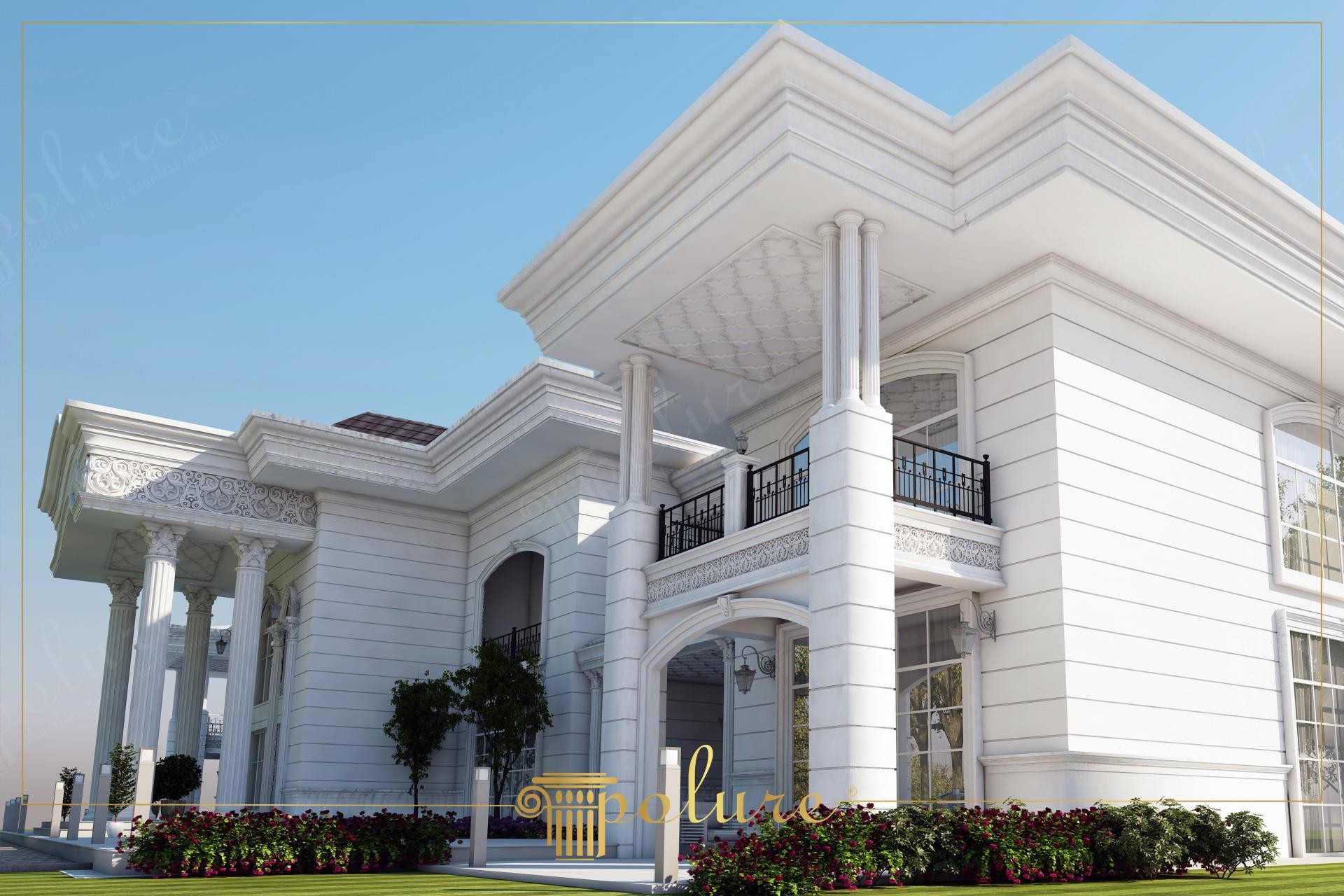 Klasik tarzda tasarlanmış beyaz renkli, poliüretan sütun, kemer ve söve uygulamalarına sahip villa dış cephe dekoru.