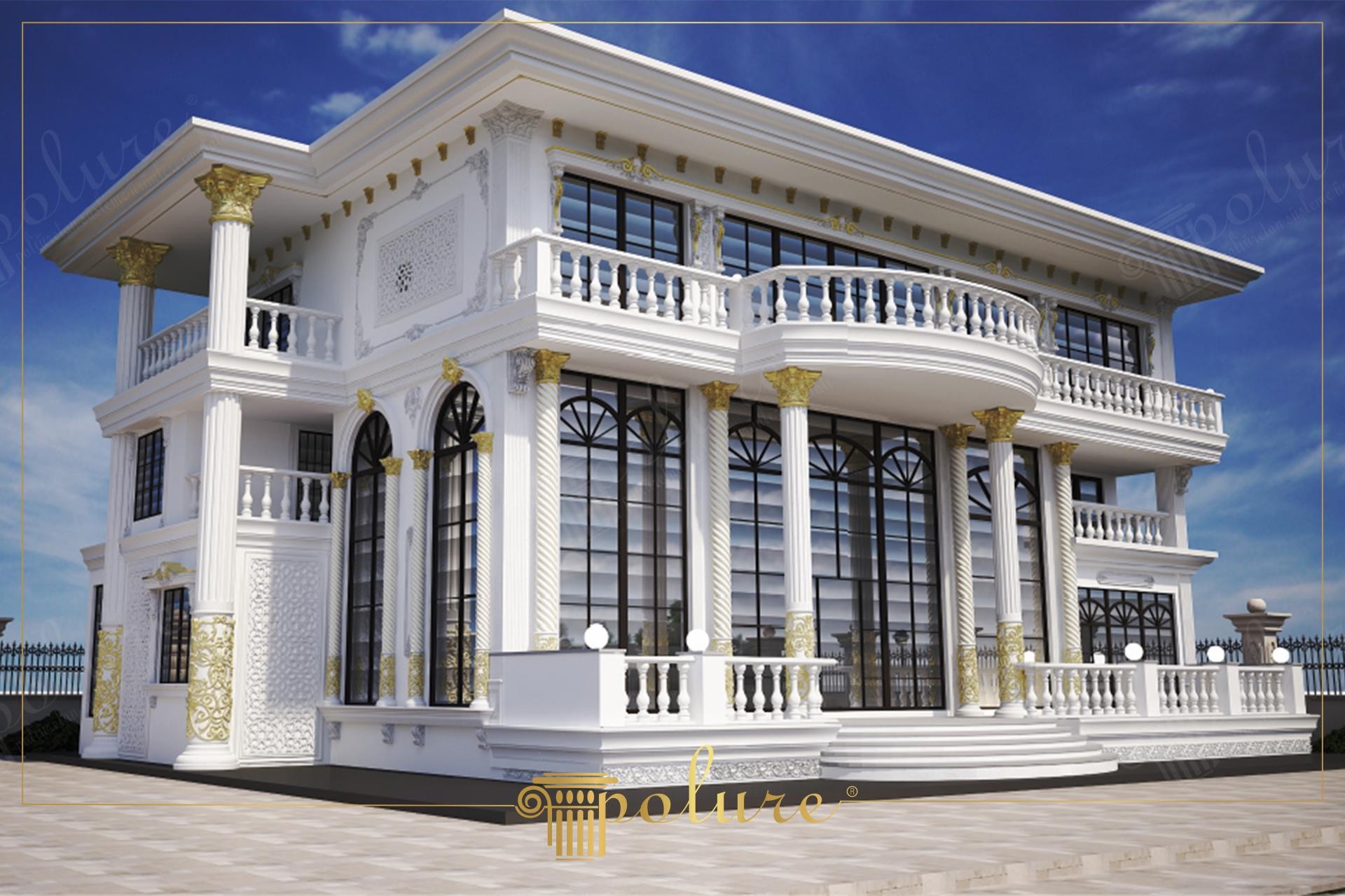 Altın varaklı sütun başlıkları ve beyaz pencereli klasik poliüretan villa dış cephe süsleme uygulaması.
