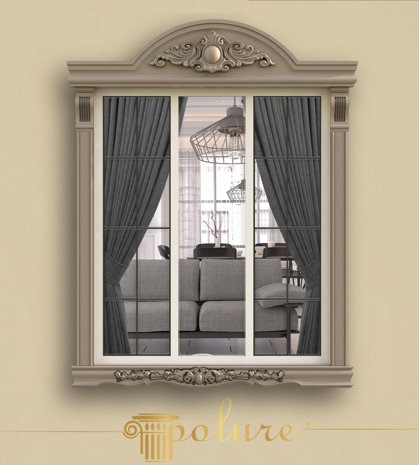 Poliüretan P2836 taç, P1455 pilaster sütun ve P1454 söve modelleri kullanılarak yapılmış klasik pencere tasarımı.