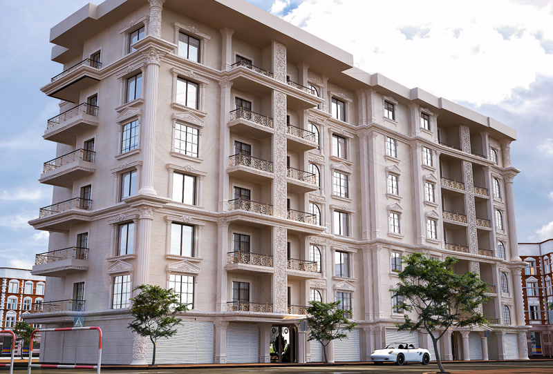 Poliüretan sütun, söve ve taç modelleriyle süslenmiş klasik tarzda çok katlı apartman dış cephe tasarımı.