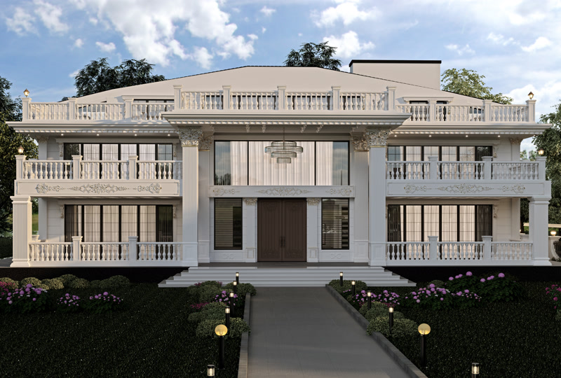 Poliüretan söve, pilaster sütun ve dekoratif payandalarla süslenmiş beyaz klasik villa dış cephe tasarımı.