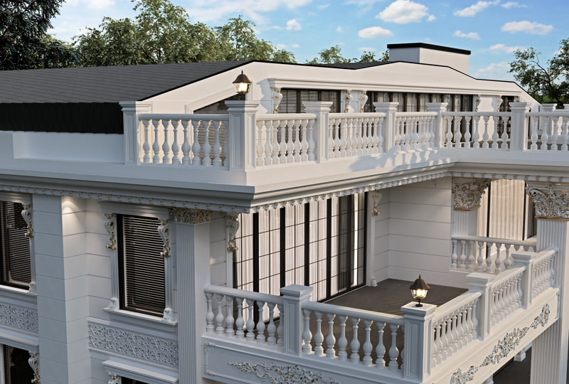 Beyaz poliüretan küpeşte, badastrol korkuluklar ve yivli pilaster sütunlarla süslenmiş klasik villa dış cephesi.
