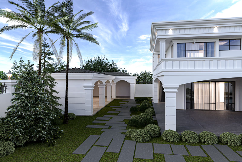 Poliüretan pilaster sütun ve söve kaplamalı beyaz klasik villa dış cephesi ve taş patika yolu.