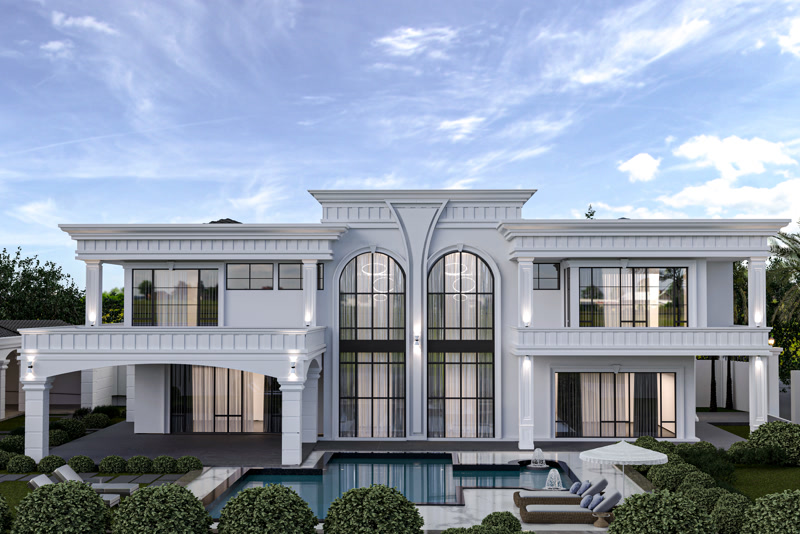 Poliüretan söve ve pilaster sütun kaplamalı, havuzlu klasik iki katlı beyaz villa dış cephe tasarımı.