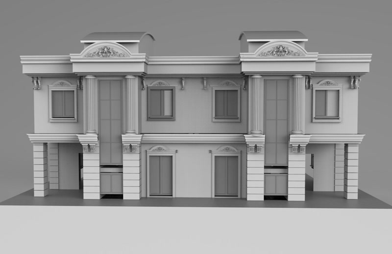 Klasik villa dış cephesinde kullanılan poliüretan sütun, pencere sövesi, dekoratif taç ve payanda modellerinin 3D tasarımı.