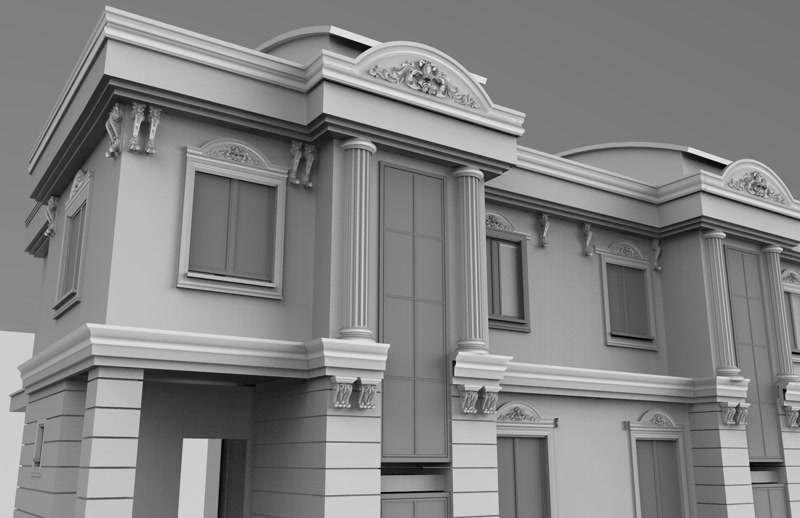 Poliüretan sütun, söve ve payanda süslemeleriyle tasarlanmış klasik tarzda gri villa dış cephe modeli.