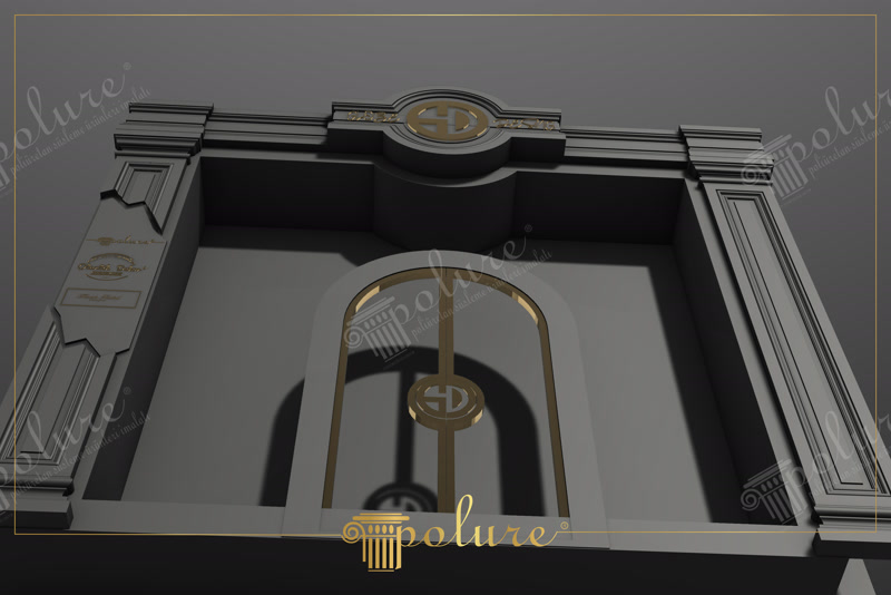 Koyu gri poliüretan sütunlar ve altın sarısı logo detaylı kemerli butik otel giriş kapısı tasarımı.