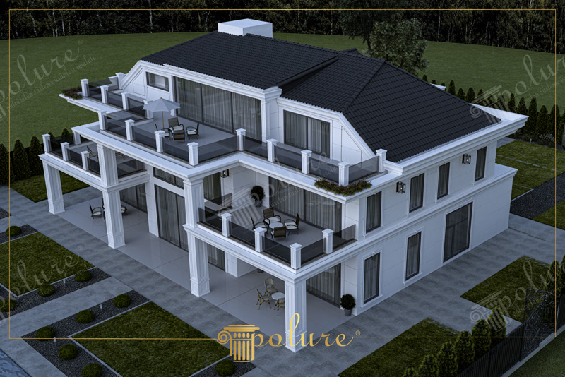 Beyaz poliüretan sütunlar, modern söve profilleri ve cam korkuluklu balkonları olan iki katlı lüks villa dış cephesi.