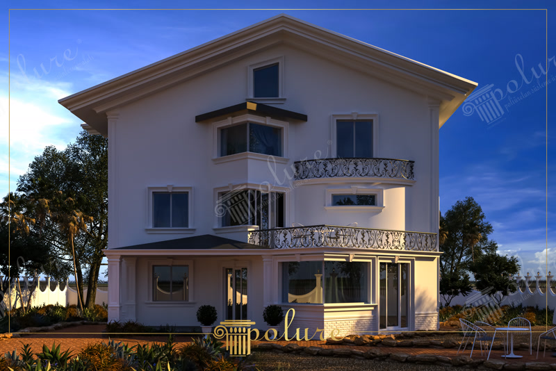 Poliüretan söve ve kat silmesi uygulaması yapılmış modern, üç katlı beyaz villa dış cephe tasarımı.