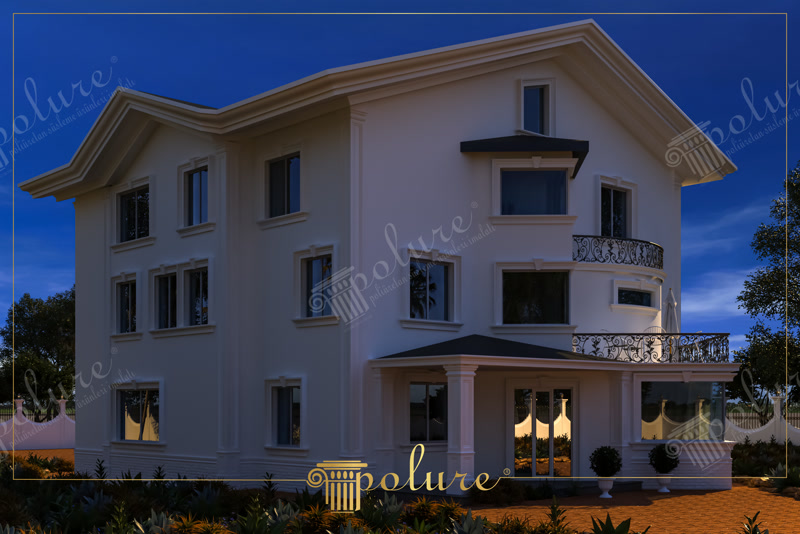 Poliüretan söve ve sütun kaplama modelleri ile dekore edilmiş beyaz modern üç katlı villa dış cephe tasarımı.