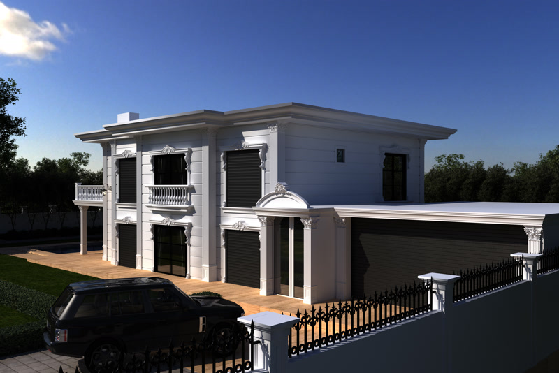 Poliüretan söve, pilaster sütun ve kat silmesi kaplamalı beyaz klasik iki katlı villa dış cephe tasarımı.