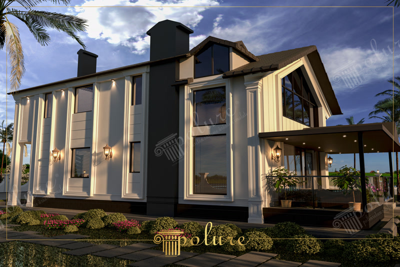 Poliüretan söve, pilaster sütun ve dekoratif duvar panelleri ile kaplanmış modern villa dış cephe tasarımı ve aydınlatması.